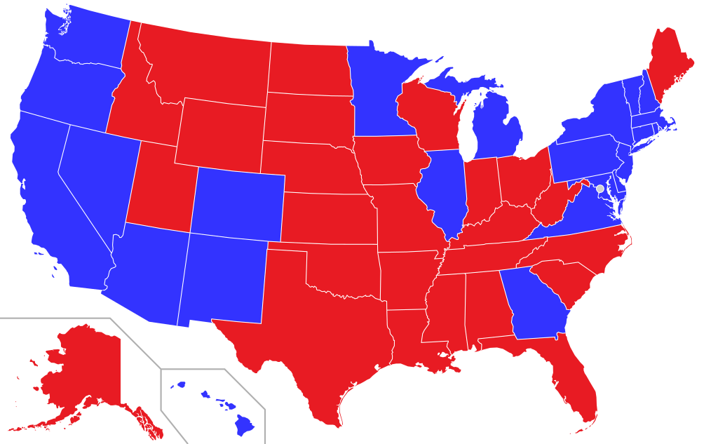 2022年の議会選挙に基づいた赤い州、青い州。